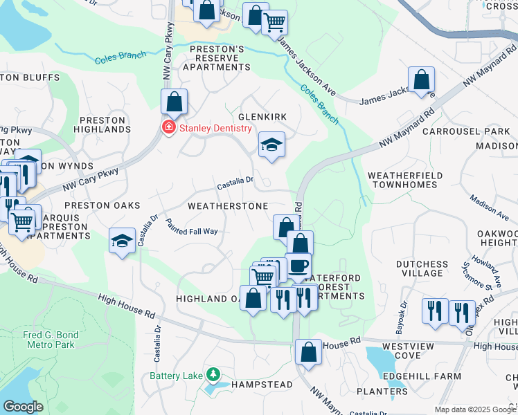 map of restaurants, bars, coffee shops, grocery stores, and more near 100 Rose Sky Court in Cary