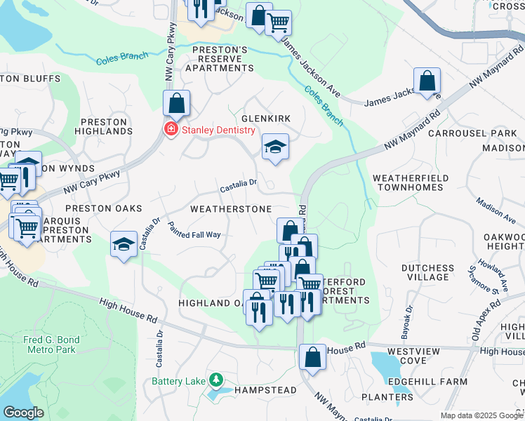 map of restaurants, bars, coffee shops, grocery stores, and more near 100 Rose Sky Court in Cary