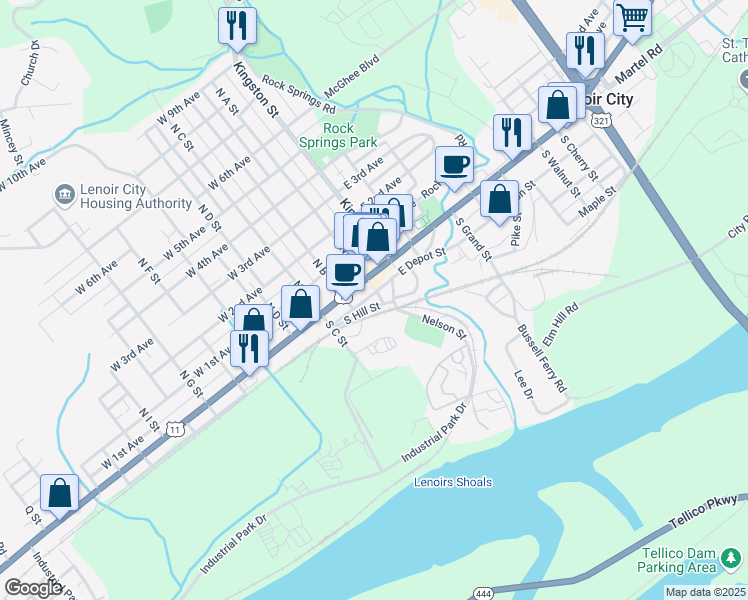 map of restaurants, bars, coffee shops, grocery stores, and more near 100 North A Street in Lenoir City