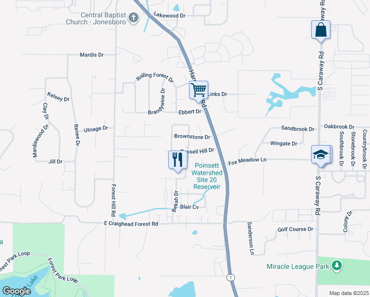 map of restaurants, bars, coffee shops, grocery stores, and more near 4209 Makala Lane in Jonesboro