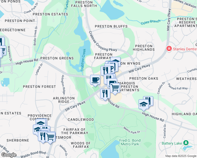 map of restaurants, bars, coffee shops, grocery stores, and more near 1010 High House Road in Cary