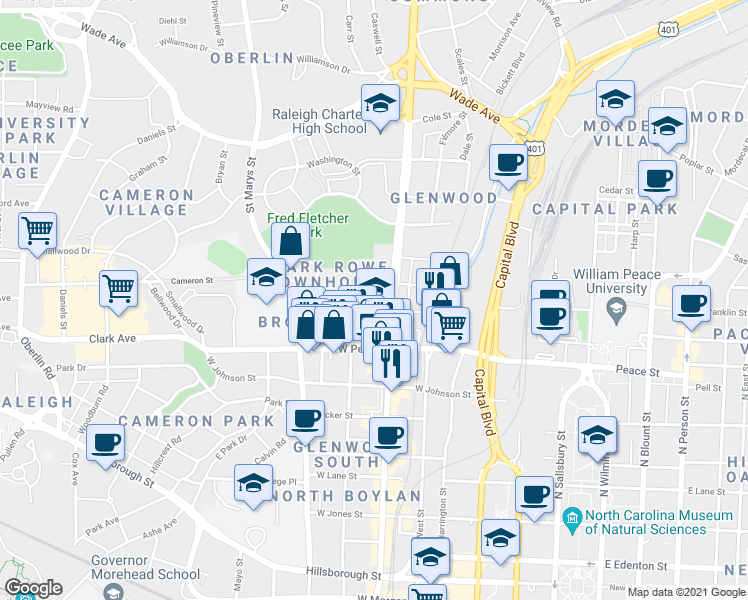 map of restaurants, bars, coffee shops, grocery stores, and more near 602 Devereux Street in Raleigh