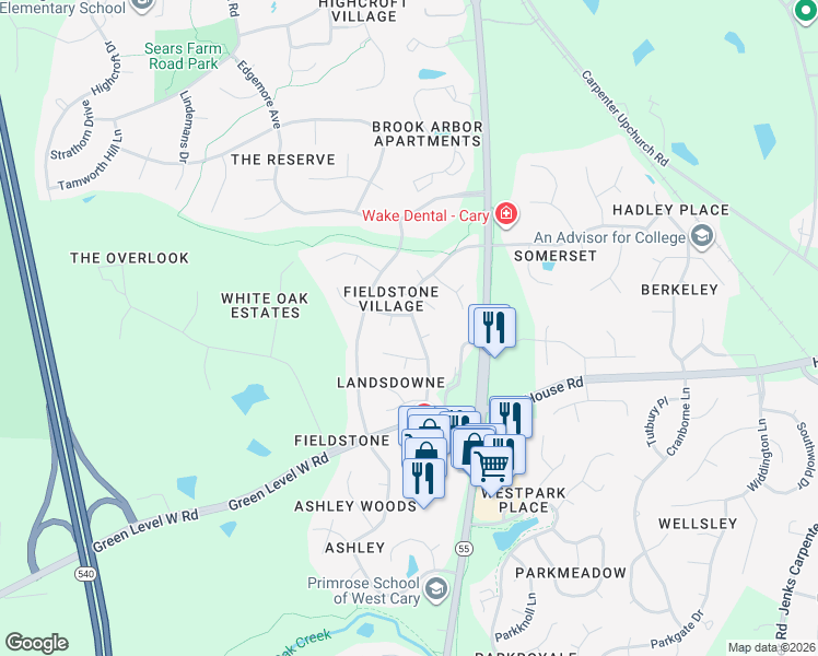 map of restaurants, bars, coffee shops, grocery stores, and more near 303 Highfield Avenue in Cary