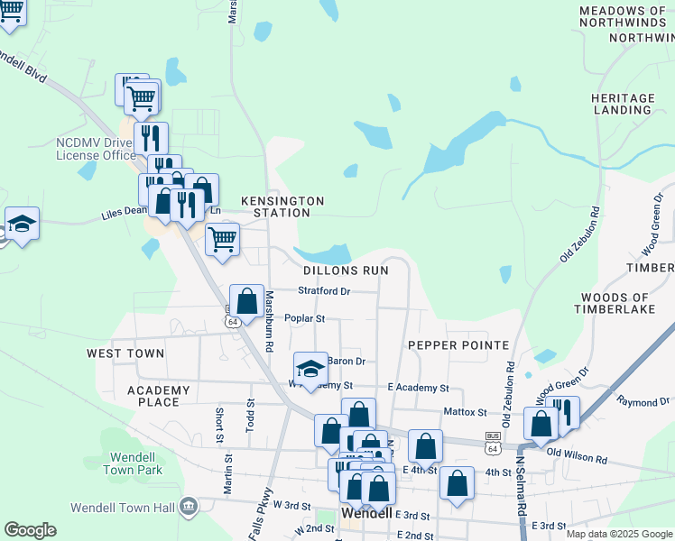 map of restaurants, bars, coffee shops, grocery stores, and more near 44 Blakeford Drive in Wendell