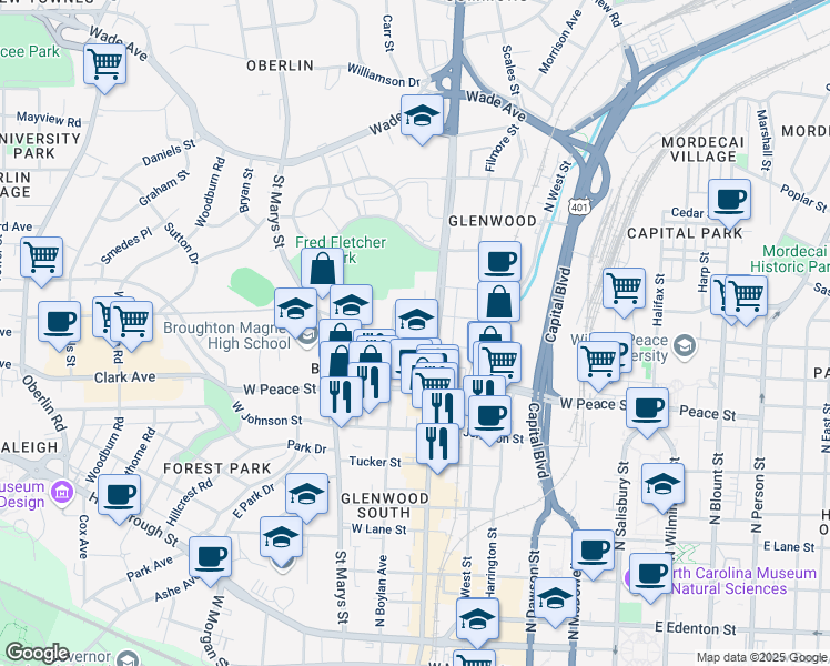 map of restaurants, bars, coffee shops, grocery stores, and more near 602 Devereux Street in Raleigh