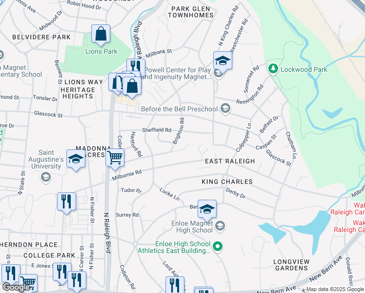 map of restaurants, bars, coffee shops, grocery stores, and more near 2317 K Wesley Way in Raleigh