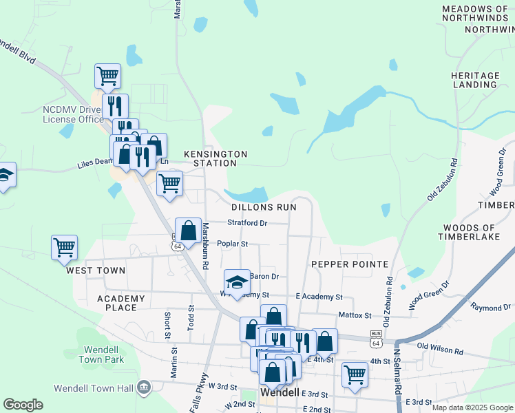 map of restaurants, bars, coffee shops, grocery stores, and more near 44 Blakeford Drive in Wendell