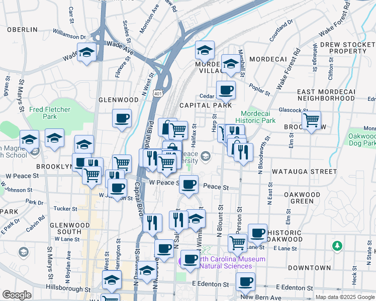 map of restaurants, bars, coffee shops, grocery stores, and more near 801 Halifax Street in Raleigh