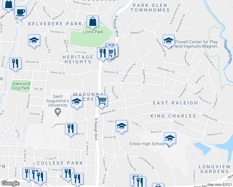 map of restaurants, bars, coffee shops, grocery stores, and more near 704 Hartford Road in Raleigh