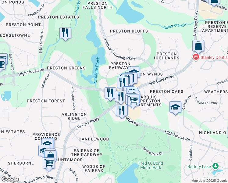 map of restaurants, bars, coffee shops, grocery stores, and more near 1010 High House Road in Cary