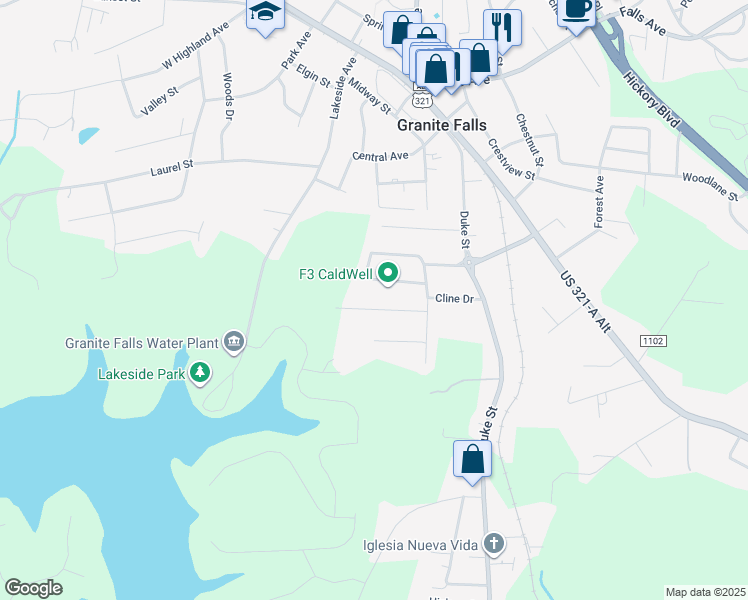 map of restaurants, bars, coffee shops, grocery stores, and more near 13 Plaza Drive in Granite Falls