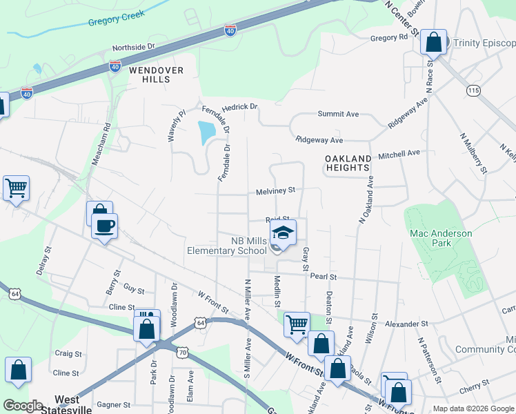 map of restaurants, bars, coffee shops, grocery stores, and more near 525 North Miller Avenue in Statesville