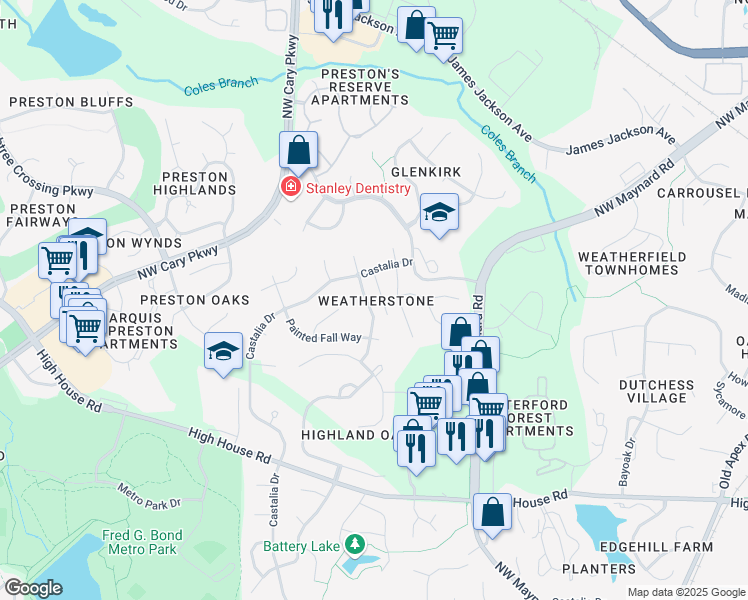 map of restaurants, bars, coffee shops, grocery stores, and more near 107 Spring Bud Drive in Cary