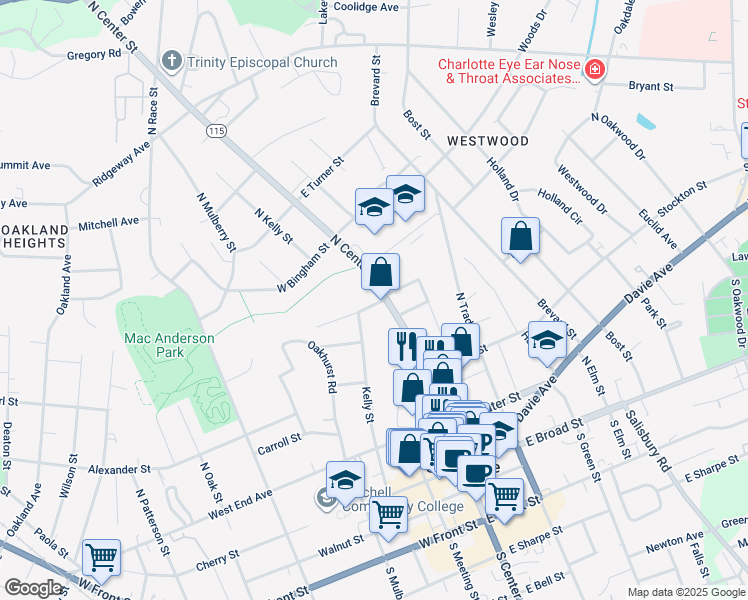 map of restaurants, bars, coffee shops, grocery stores, and more near 102 Feimster Street in Statesville