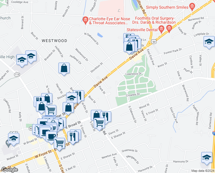 map of restaurants, bars, coffee shops, grocery stores, and more near 612 Davie Avenue in Statesville
