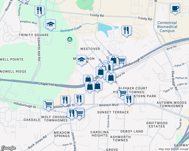 map of restaurants, bars, coffee shops, grocery stores, and more near 5403 Chapel Hill Road in Raleigh
