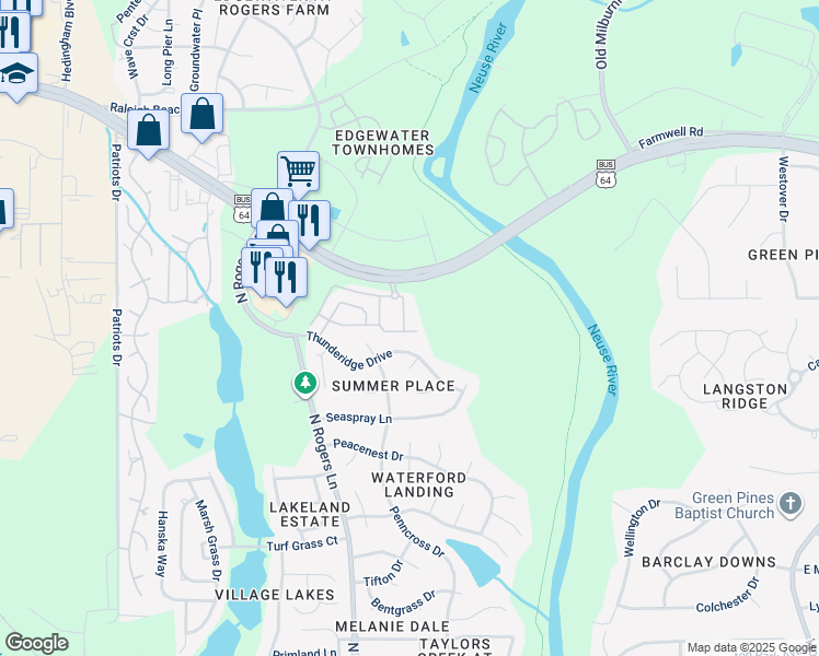 map of restaurants, bars, coffee shops, grocery stores, and more near 1000 River Shadow Court in Raleigh