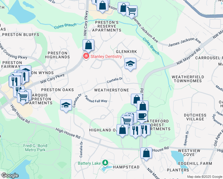 map of restaurants, bars, coffee shops, grocery stores, and more near 107 Spring Bud Drive in Cary
