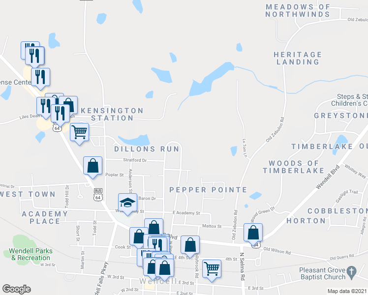 map of restaurants, bars, coffee shops, grocery stores, and more near 642 Green Willow Circle in Wendell