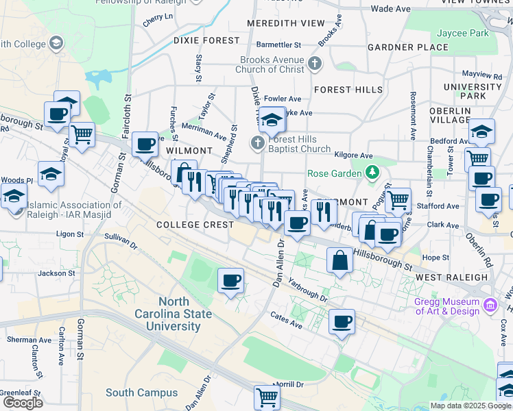 map of restaurants, bars, coffee shops, grocery stores, and more near 9 Dixie Trail in Raleigh