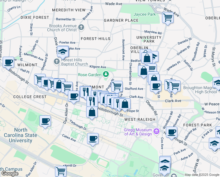 map of restaurants, bars, coffee shops, grocery stores, and more near 210 Pogue Street in Raleigh