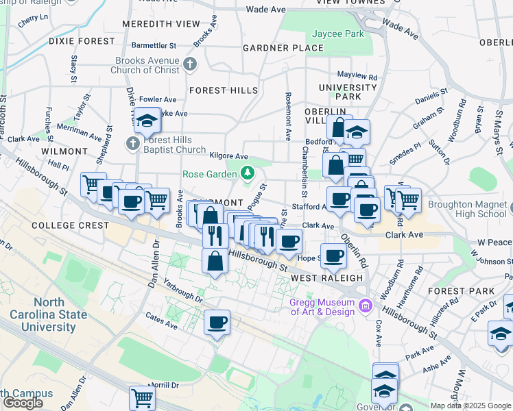 map of restaurants, bars, coffee shops, grocery stores, and more near 210 Pogue Street in Raleigh