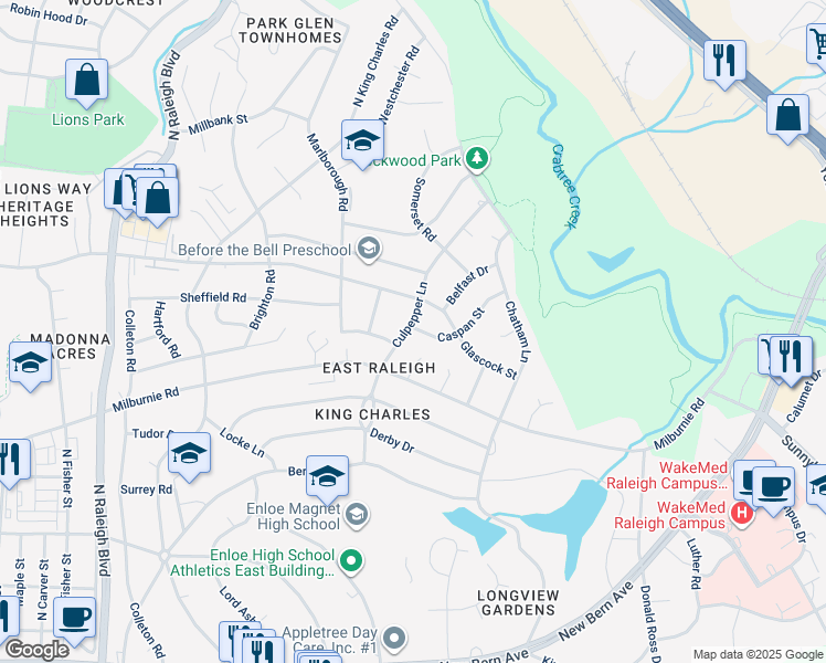 map of restaurants, bars, coffee shops, grocery stores, and more near 902 Culpepper Lane in Raleigh