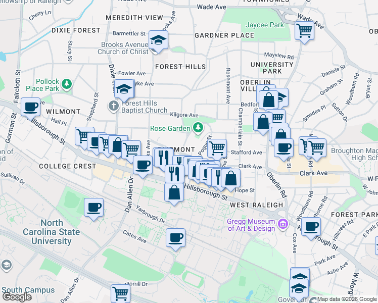 map of restaurants, bars, coffee shops, grocery stores, and more near 2601 Clark Avenue in Raleigh