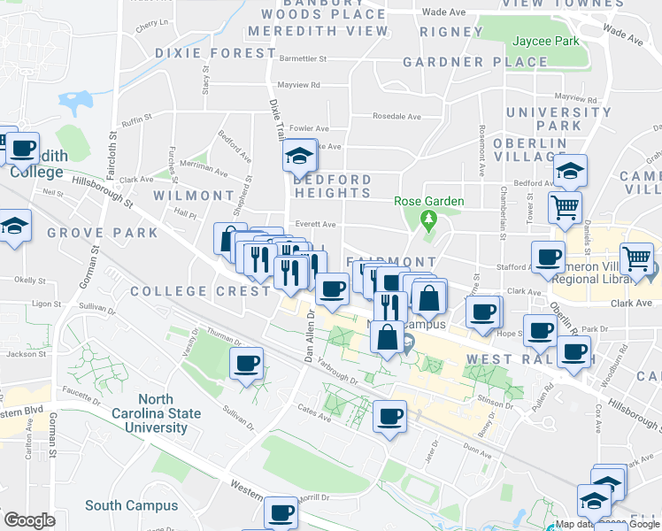 map of restaurants, bars, coffee shops, grocery stores, and more near 115 Brooks Avenue in Raleigh