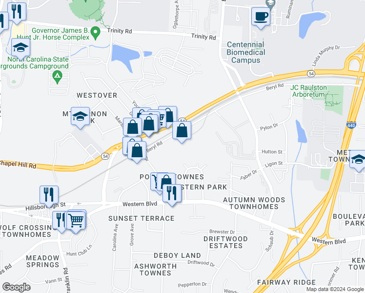 map of restaurants, bars, coffee shops, grocery stores, and more near 5115 Beryl Road in Raleigh
