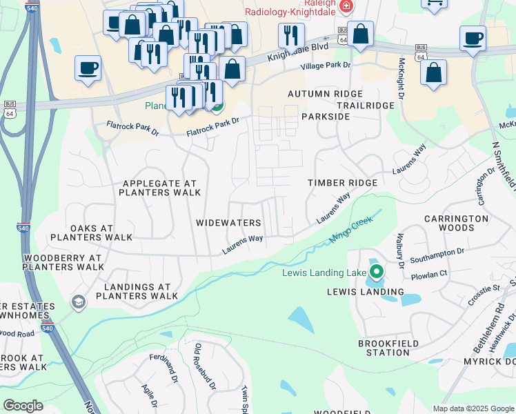 map of restaurants, bars, coffee shops, grocery stores, and more near 617 Twain Town Drive in Knightdale