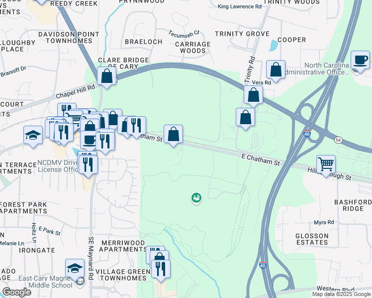 map of restaurants, bars, coffee shops, grocery stores, and more near 902 East Chatham Street in Cary