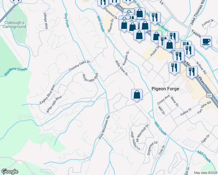 map of restaurants, bars, coffee shops, grocery stores, and more near 2 Seth Road in Pigeon Forge