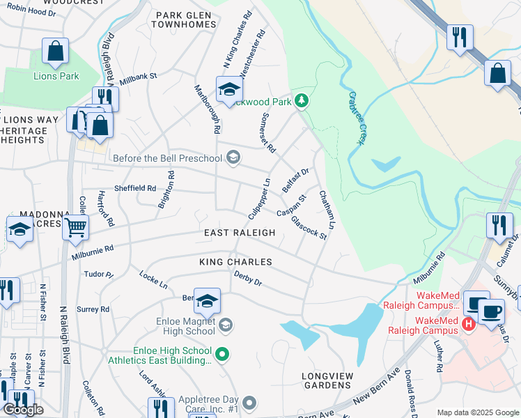 map of restaurants, bars, coffee shops, grocery stores, and more near 902 Culpepper Lane in Raleigh