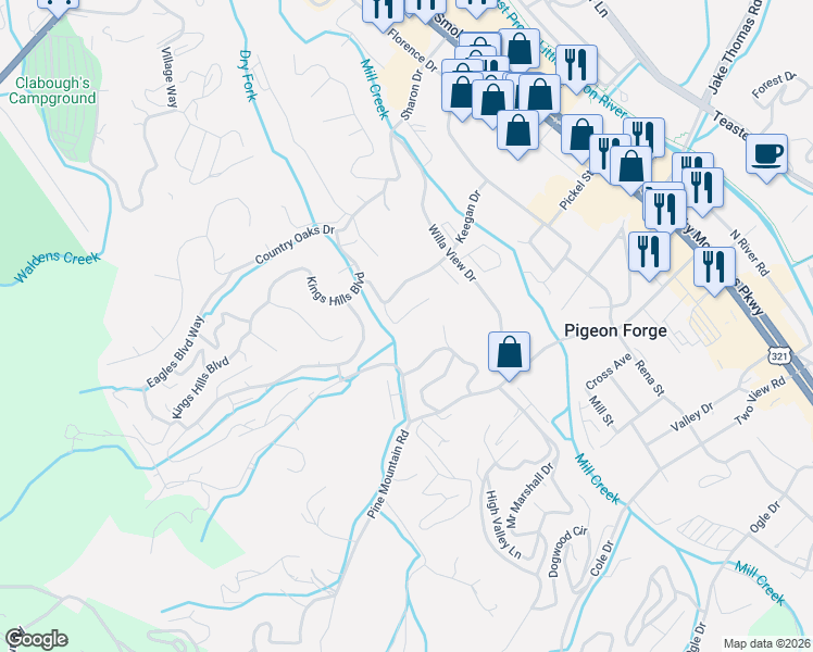 map of restaurants, bars, coffee shops, grocery stores, and more near 2 Seth Road in Pigeon Forge