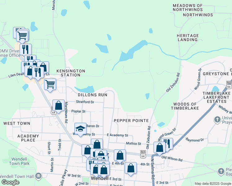 map of restaurants, bars, coffee shops, grocery stores, and more near 642 Green Willow Circle in Wendell