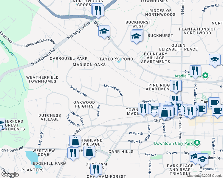 map of restaurants, bars, coffee shops, grocery stores, and more near 523 Morningside Drive in Cary