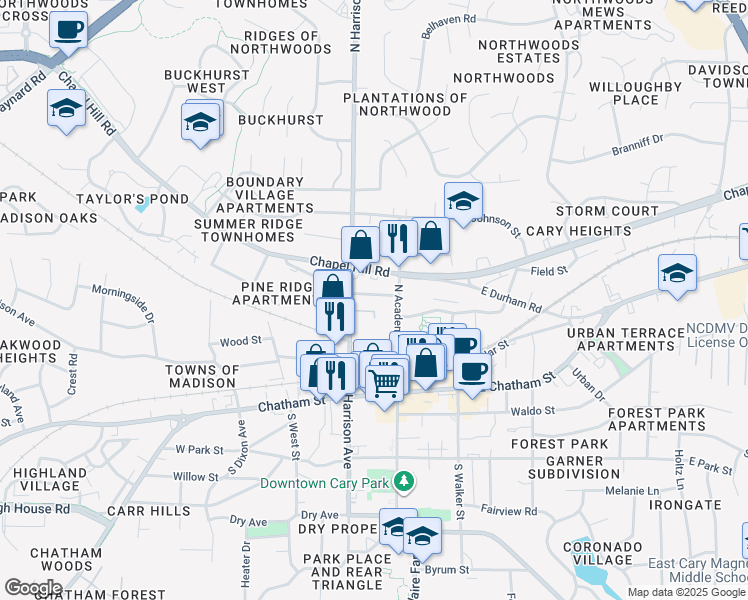 map of restaurants, bars, coffee shops, grocery stores, and more near 401 North Academy Street in Cary
