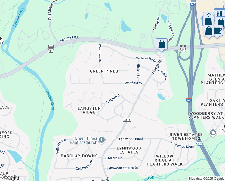 map of restaurants, bars, coffee shops, grocery stores, and more near 4509 Kennamer Way in Knightdale