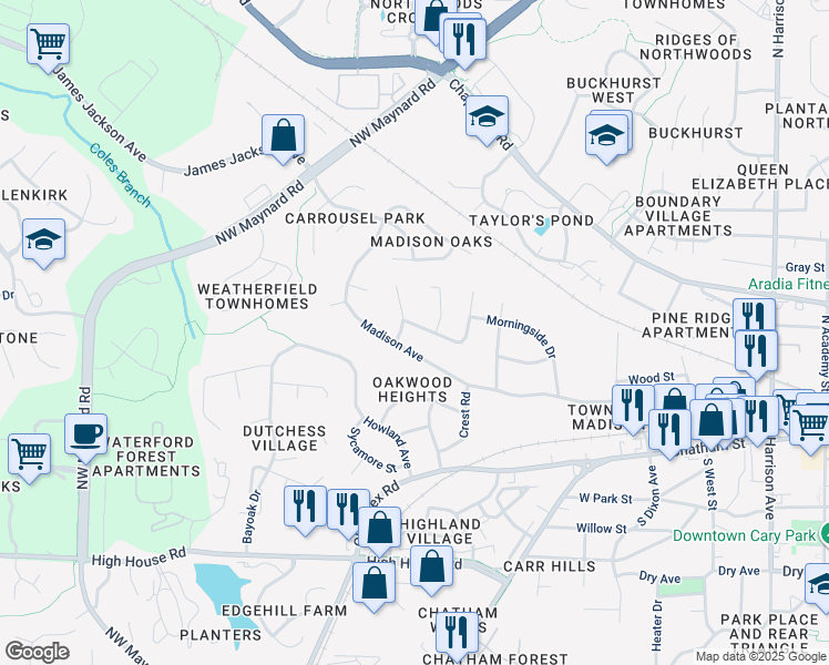 map of restaurants, bars, coffee shops, grocery stores, and more near 712 Madison Avenue in Cary
