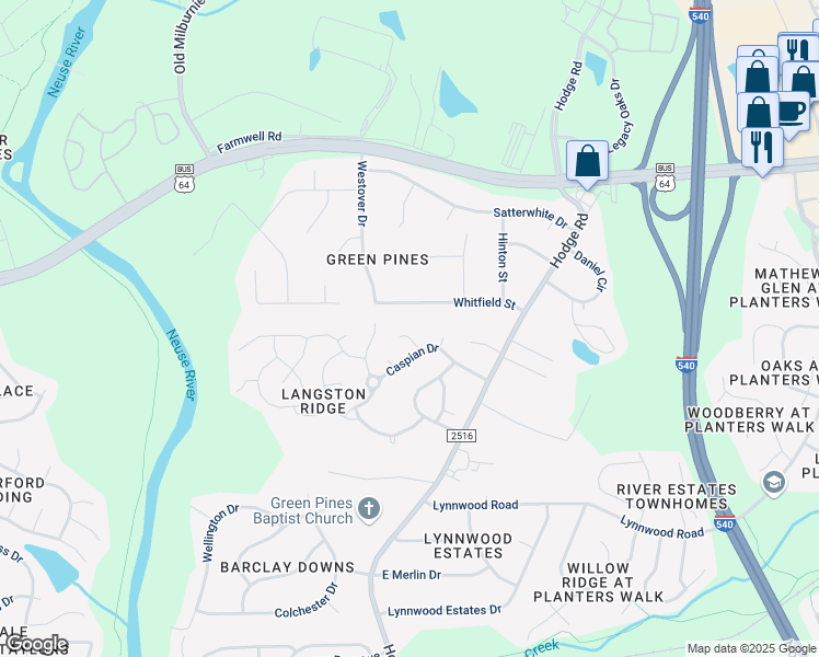 map of restaurants, bars, coffee shops, grocery stores, and more near 4509 Kennamer Way in Knightdale