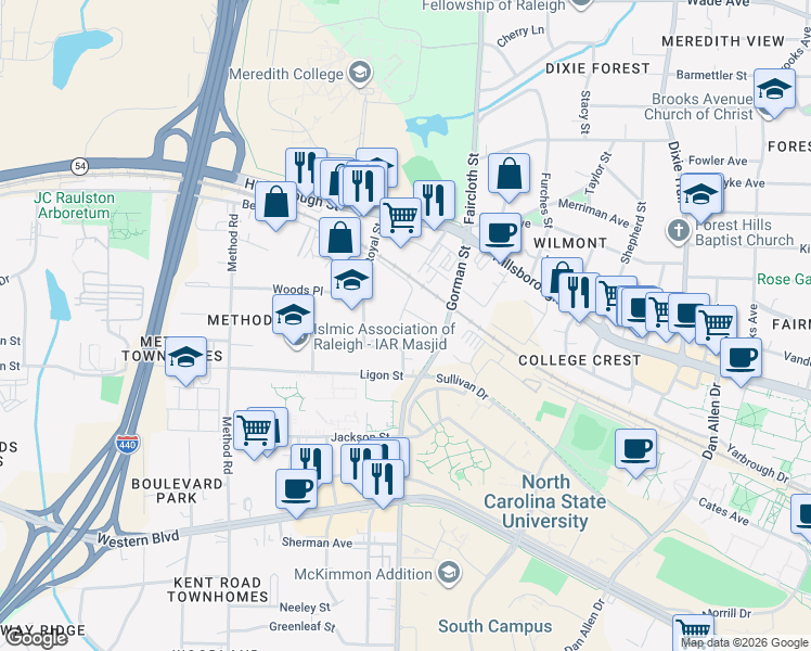 map of restaurants, bars, coffee shops, grocery stores, and more near 813 Wilcox Street in Raleigh