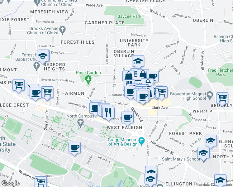 map of restaurants, bars, coffee shops, grocery stores, and more near 2305 Stafford Avenue in Raleigh