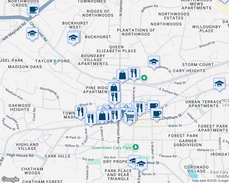 map of restaurants, bars, coffee shops, grocery stores, and more near 329 North Harrison Avenue in Cary