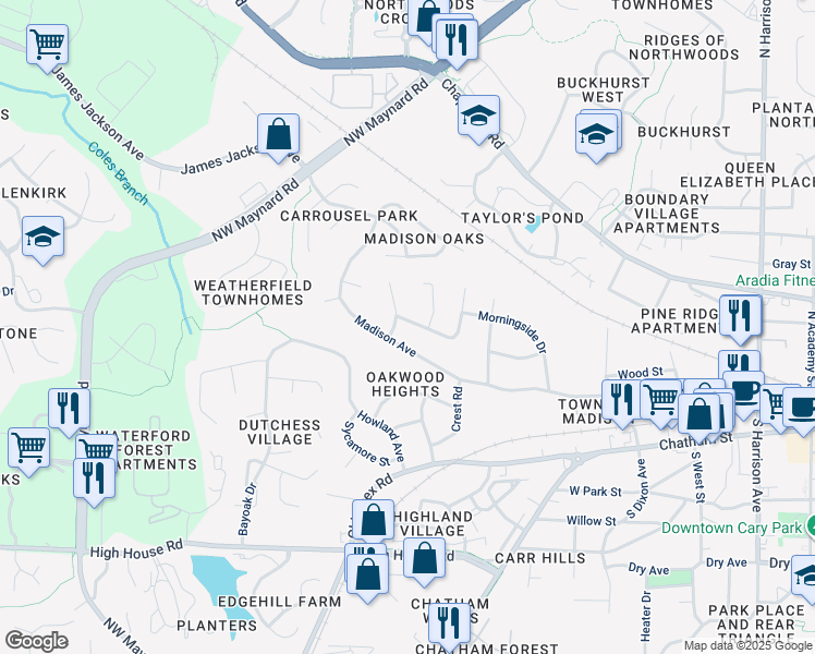 map of restaurants, bars, coffee shops, grocery stores, and more near 712 Madison Avenue in Cary