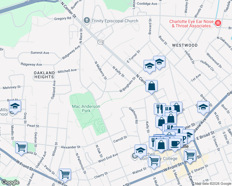 map of restaurants, bars, coffee shops, grocery stores, and more near 319 West Bingham Street in Statesville