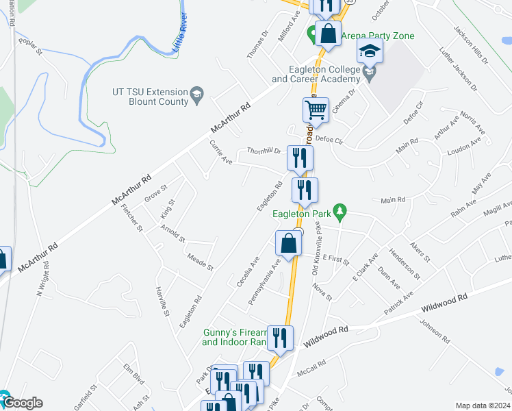 map of restaurants, bars, coffee shops, grocery stores, and more near 616 Eagleton Road in Maryville