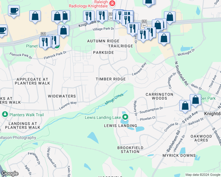 map of restaurants, bars, coffee shops, grocery stores, and more near 419 Laurens Way in Knightdale