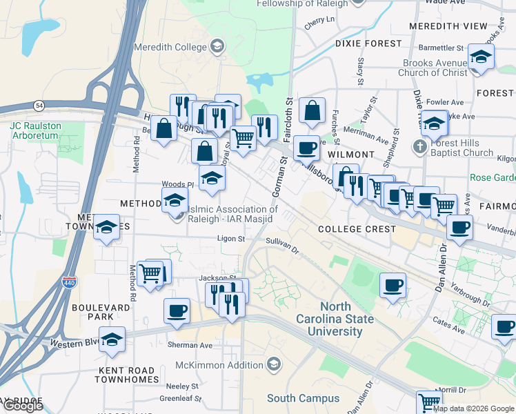 map of restaurants, bars, coffee shops, grocery stores, and more near 2600 Ligon Street in Raleigh