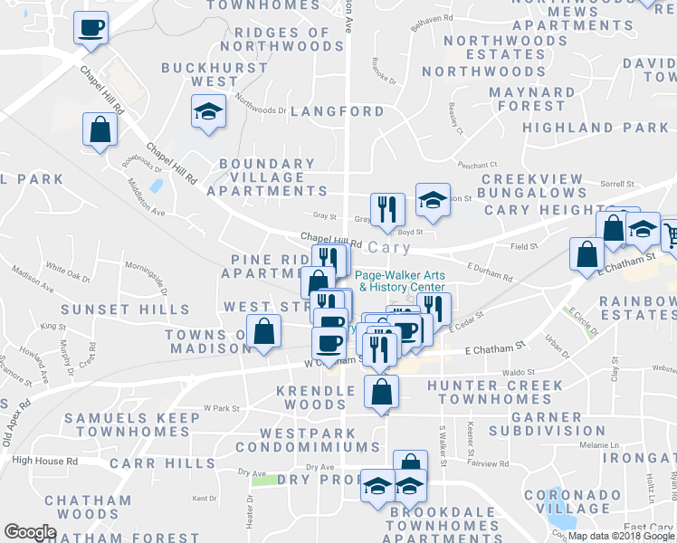 map of restaurants, bars, coffee shops, grocery stores, and more near 201 Adams Street in Cary